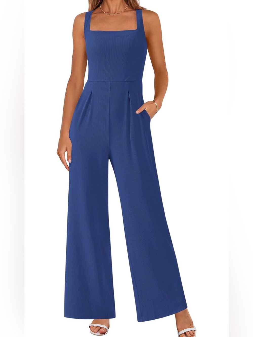 NEW Ribbed Sleeveless Jumpsuit Square Neck Wide Leg XXL Blue